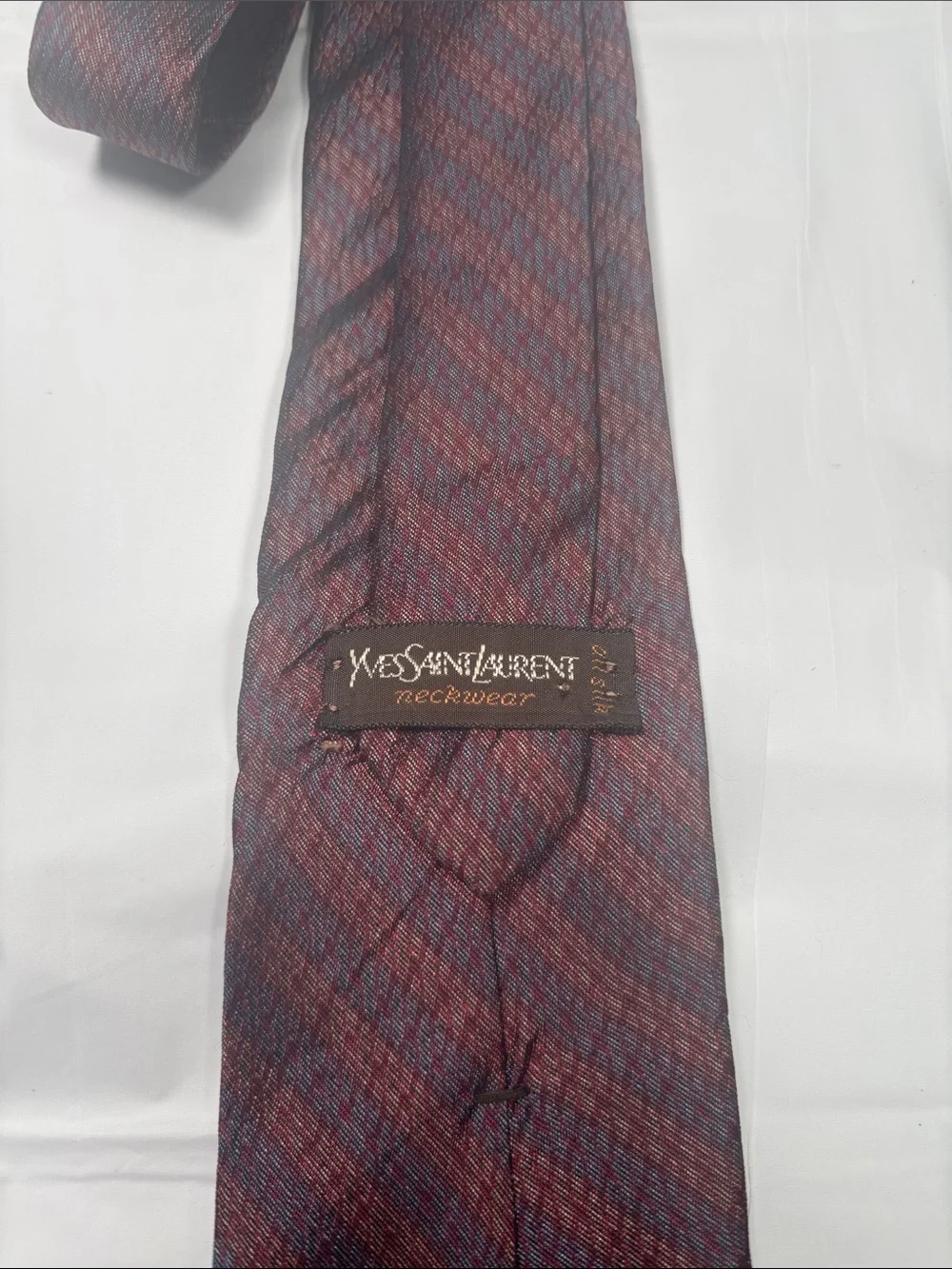 YSL Yves Saint Laurent Vintage Silk Tie Striped Burgundy Navy Classic Luxury